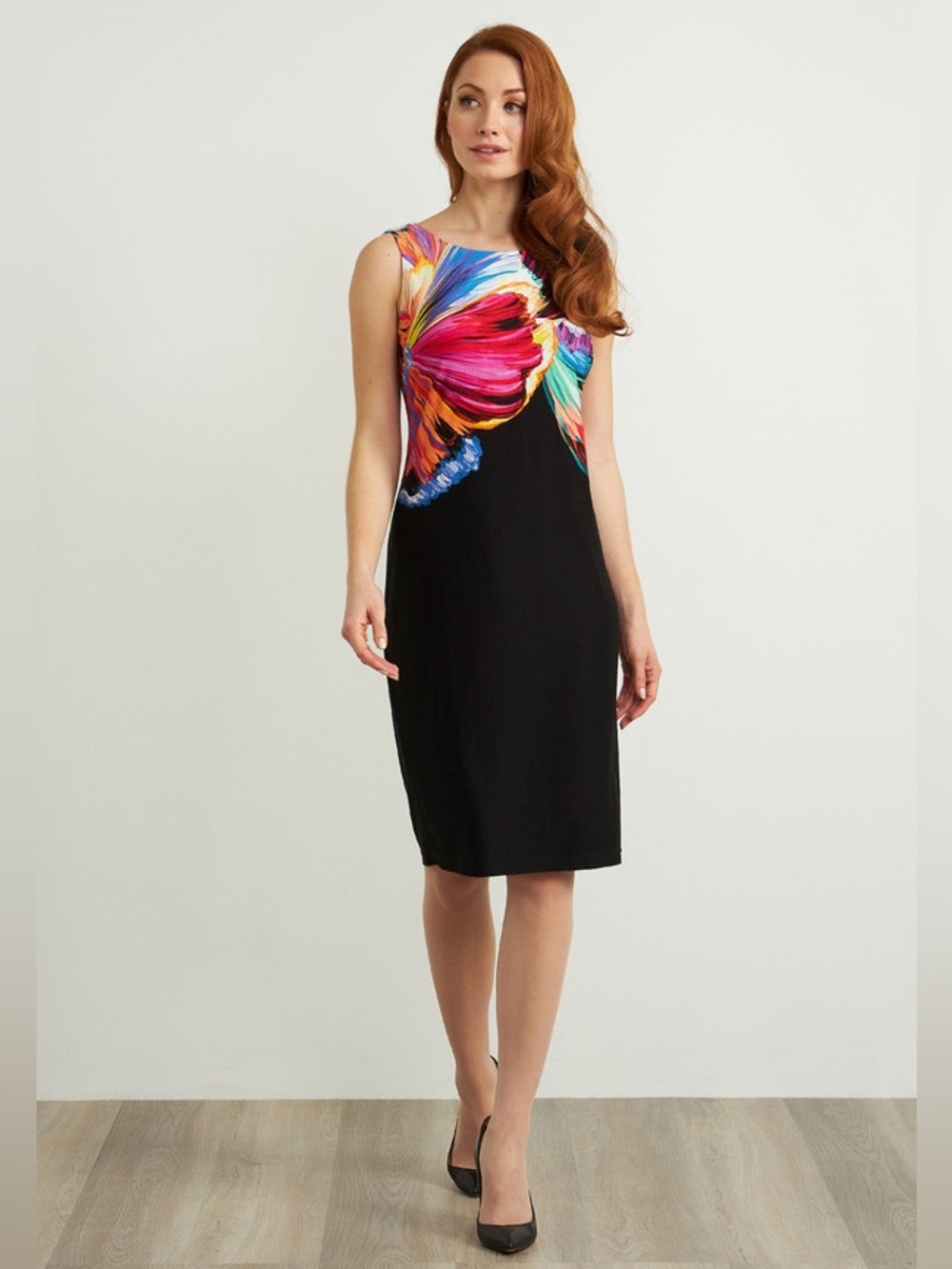 Joseph Ribkoff Sheath Dress 8 Sleeveless Black Flower Motif